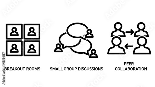 Virtual Collaboration and Group Communication Icons: Breakout Rooms, Small Group Discussions, and Peer Interaction for Meetings in Line Art