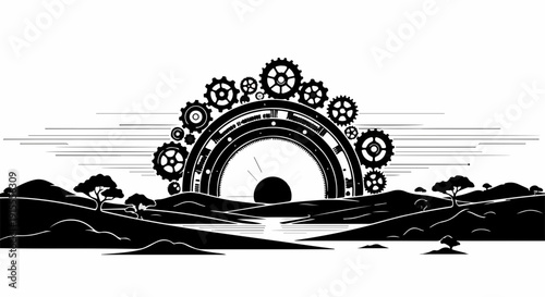 Sunrise over a mechanical landscape with rolling hills and a river.