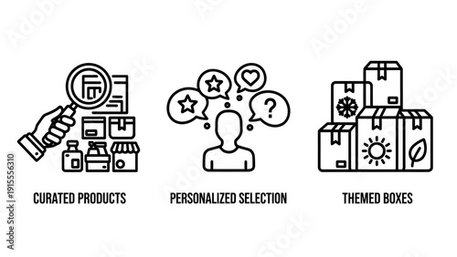 E-commerce Retail Icons for Curated Products, Personalized Selection, and Themed Subscription Box Concepts