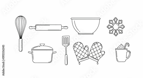 A collection of kitchen utensils and tools for cooking and baking Vector