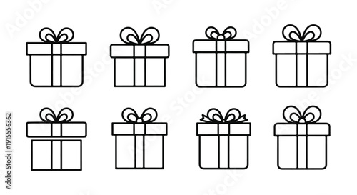 Eight beautifully wrapped gifts with elegant bows on white background Vector