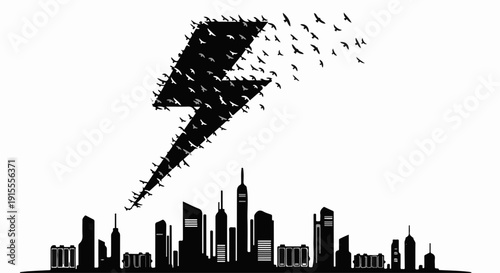 Flock of birds forms lightning bolt over city skyline, symbolizing power and nature's energy
