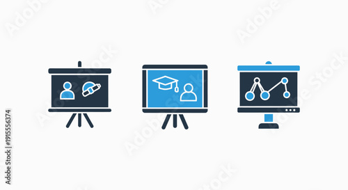 Modern Education and Business Presentation Icons Featuring Whiteboards and Monitor Displays for Learning, Training, Graduation, and Data Analysis.