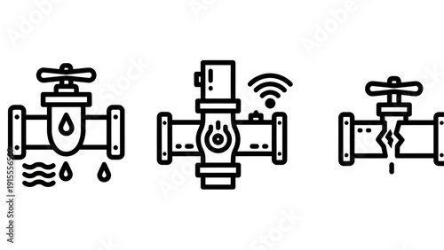 Set of Pipe Leakage, Smart Monitoring, and Broken Plumbing Outline Icons for Water System Issues
