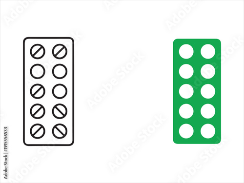 Tablet blister pack icons vector set, solid and filled outline style. Pill blisters vector symbol