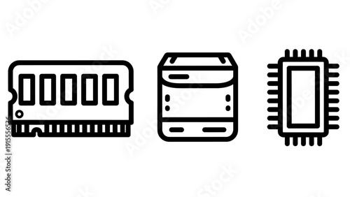 RAM Memory, Hard Drive Storage, and CPU Processor Computer Hardware Outline Icons