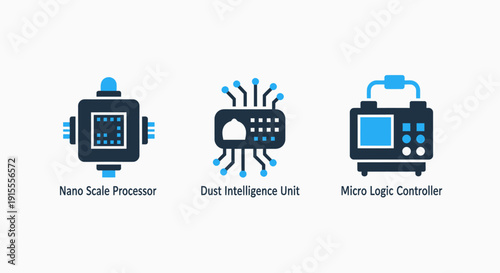 Futuristic Computing Technology Icons Set: Nano Processor, Dust Intelligence Unit, and Micro Logic Controller for Modern Electronics Design
