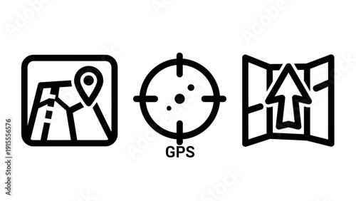 GPS Navigation and Location Tracking Icons: Map Pin, Target Symbol, and Directional Arrow for Travel and Geospatial Services