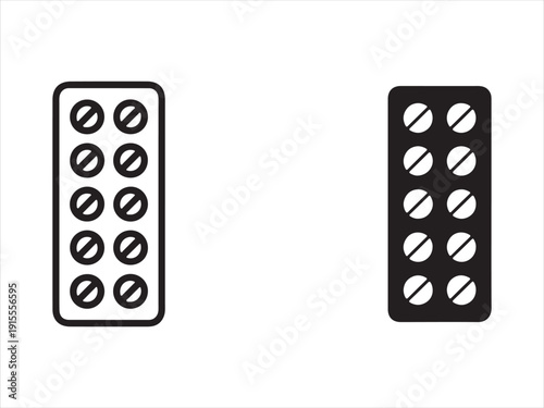 Tablet blister pack icons vector set, solid and filled outline style. Pill blisters vector symbol