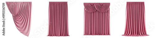 Canvastavla Dusty Rose Curtains and Drapes Set Isolated on White Background PNG, Elegant Pink Velvet Window Treatments with Valance and Swag, Luxury Interior Decor Elements