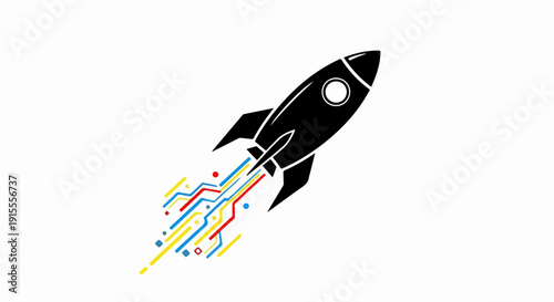 Sleek rocket launching with vibrant digital trails symbolizing innovation and speed
