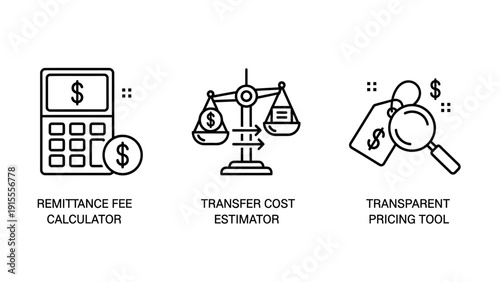 Outline Icons for Remittance Fee Calculator, Transfer Cost Estimator, and Transparent Pricing Tools in Financial Services