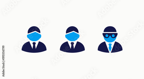 Flat Blue Icons Representing User Roles, Anonymous Identity, and Privacy with Masked and Glasses-Wearing Avatars