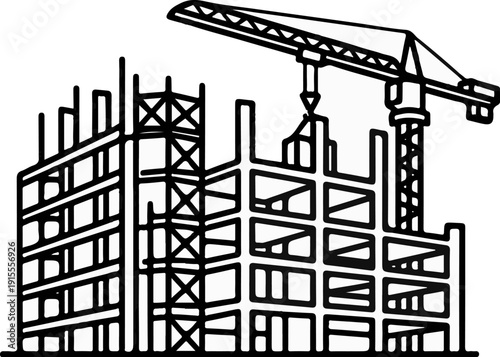 Construction site with crane lifting materials to unfinished building