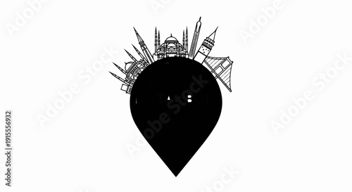 Circular skyline with iconic structures and a map pin icon