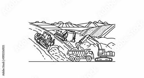 Construction site with heavy machinery digging and hauling earth
