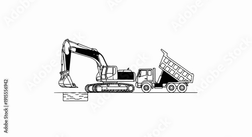 Construction vehicles, an excavator loading dirt into a dump truck