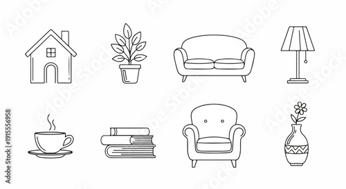 A variety of home and living essentials depicted in a simple line drawing style. Vector