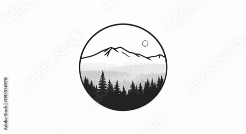 Circular mountain and forest scene with a sun or moon