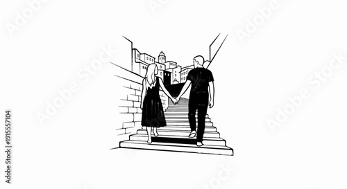 Couple ascending stone stairs towards European town buildings, holding hands