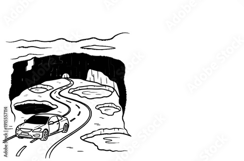 Car drives through a scenic tunnel entrance surrounded by icy terrain