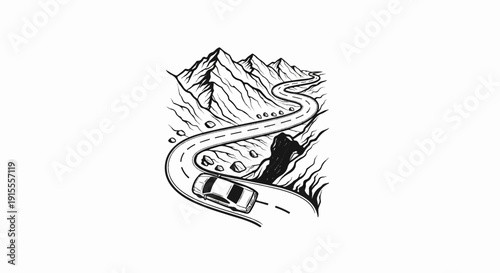 Car driving on winding mountain road, sketch style