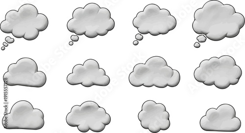 Collection of twelve stylized grey thought and speech bubble clouds