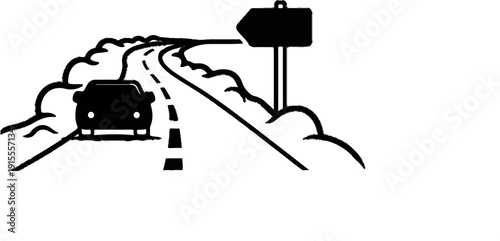 Car on a winding road with a directional sign and surrounding landscape