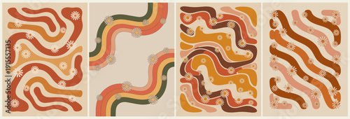 Set of four groovy 1970s-inspired abstract backgrounds with wavy stripes, organic shapes, and white daisy motifs in warm earthy tones of rust, mustard, olive, and beige.