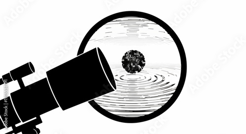 Telescope focuses on a dark object creating ripples on a water surface, symbolizing discovery and exploration.