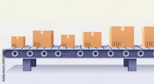 Cardboard boxes of varying sizes move along a blue conveyor belt