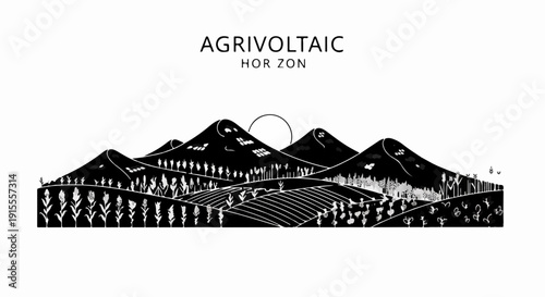 Sustainable agrivoltaic farm with solar panels integrated into landscape under a bright sun.