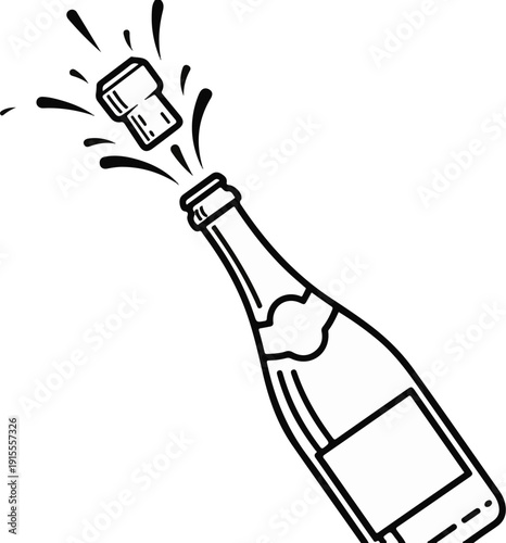 Bottle of bubbly with cork popping and liquid splashing out