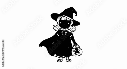 Cartoon child in witch costume holding carved pumpkin trick-or-treat pail