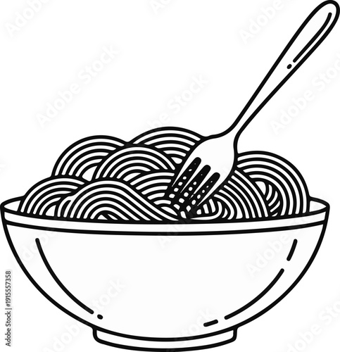 Bowl of spaghetti with a fork stuck in it, line drawing