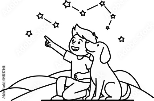 Boy and dog gaze at stars, pointing to constellations in the night sky