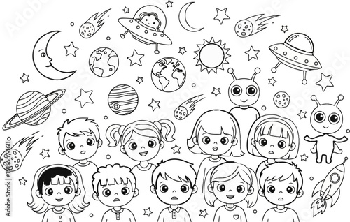 Cartoon children and aliens exploring space with planets, UFOs, and rockets