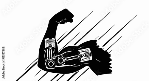 Powerful muscular arm with internal engine pistons symbolizing mechanical strength and performance.