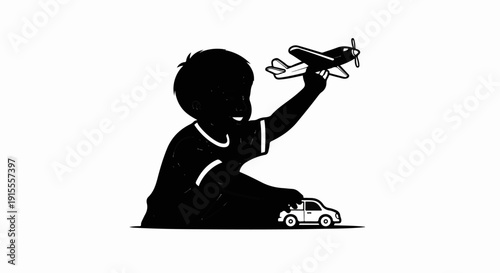 Boy playing with toy airplane and car, silhouette illustration