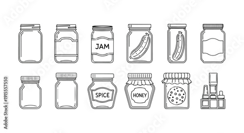 Assorted jars and containers showcasing various food items and condiments Vector