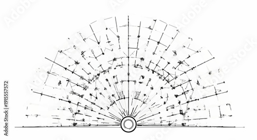 Abstract radial network of interconnected lines and dots creating a futuristic fan shape.
