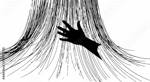 Silhouette of a hand reaching through a cascade of flowing lines, suggesting struggle or discovery.