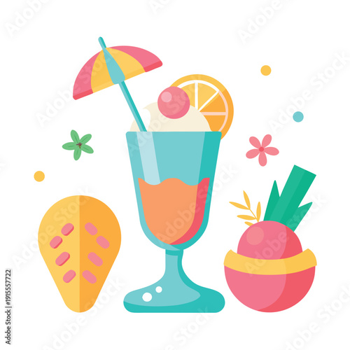 Tropical cocktail set with fresh fruit and berries in summer party style illustration of cold colorful drinks in glass with ice and citrus garnish