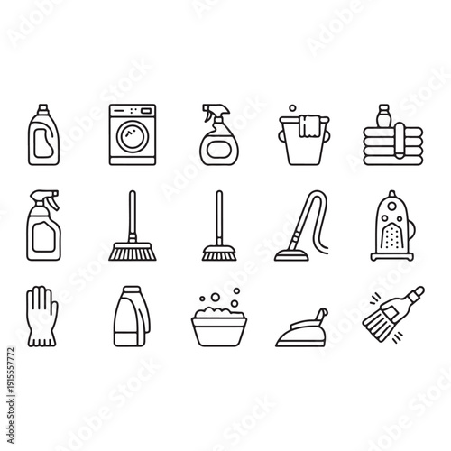 Cleaning and laundry icons set featuring washing machine vacuum cleaner iron rubber glove and various detergent bottles in linear outline style