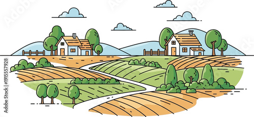 A countryside scene with two houses and fields isolated on transparent background