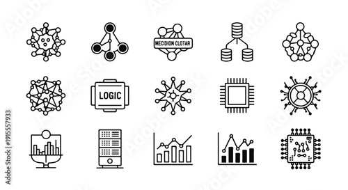 A collection of diverse icons representing various technical and analytical concepts. Vector