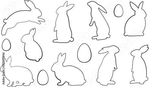 Easter bunny and eggs line art shapes clip art vector set