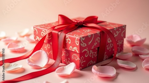 Red Gift Box with Ribbon on Soft Background 