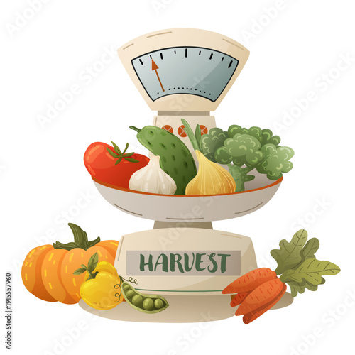 Farm market and autumn harvest composition with vegetables, jam and scales