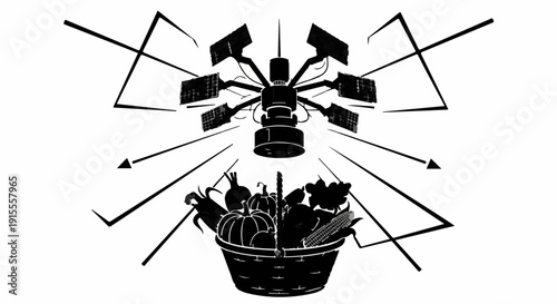 Futuristic drone delivering fresh produce to a basket of vegetables, symbolizing modern agriculture and technology.